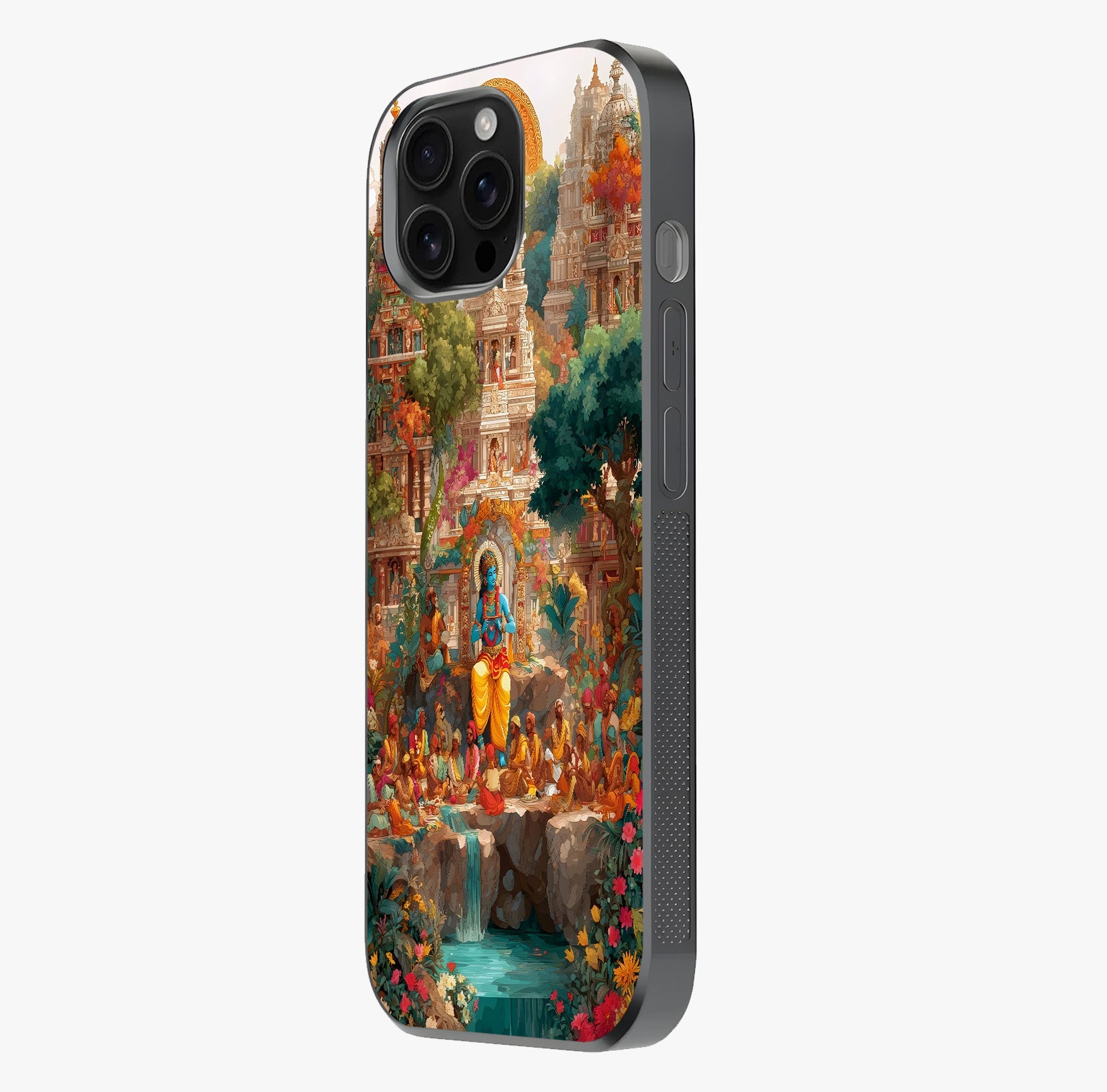 Sacred Sunlight Gods Glass Case photographed in natural light showing reflective finish and design depth.