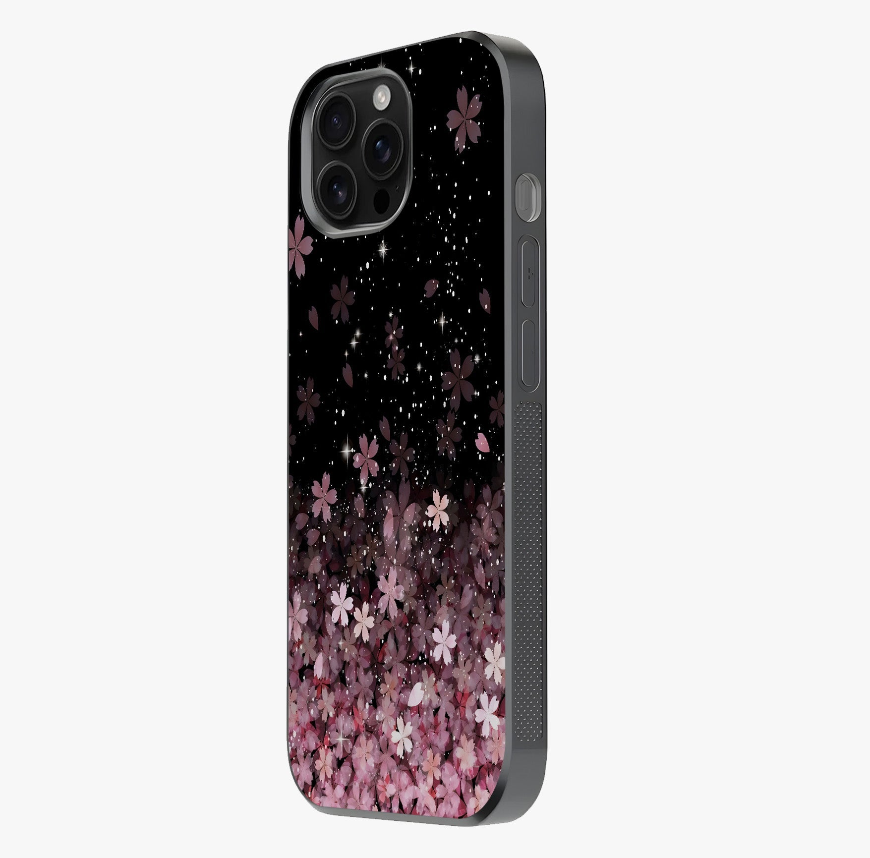 Small Starry Flowers Glass Case photographed in natural light showing reflective finish and design depth.