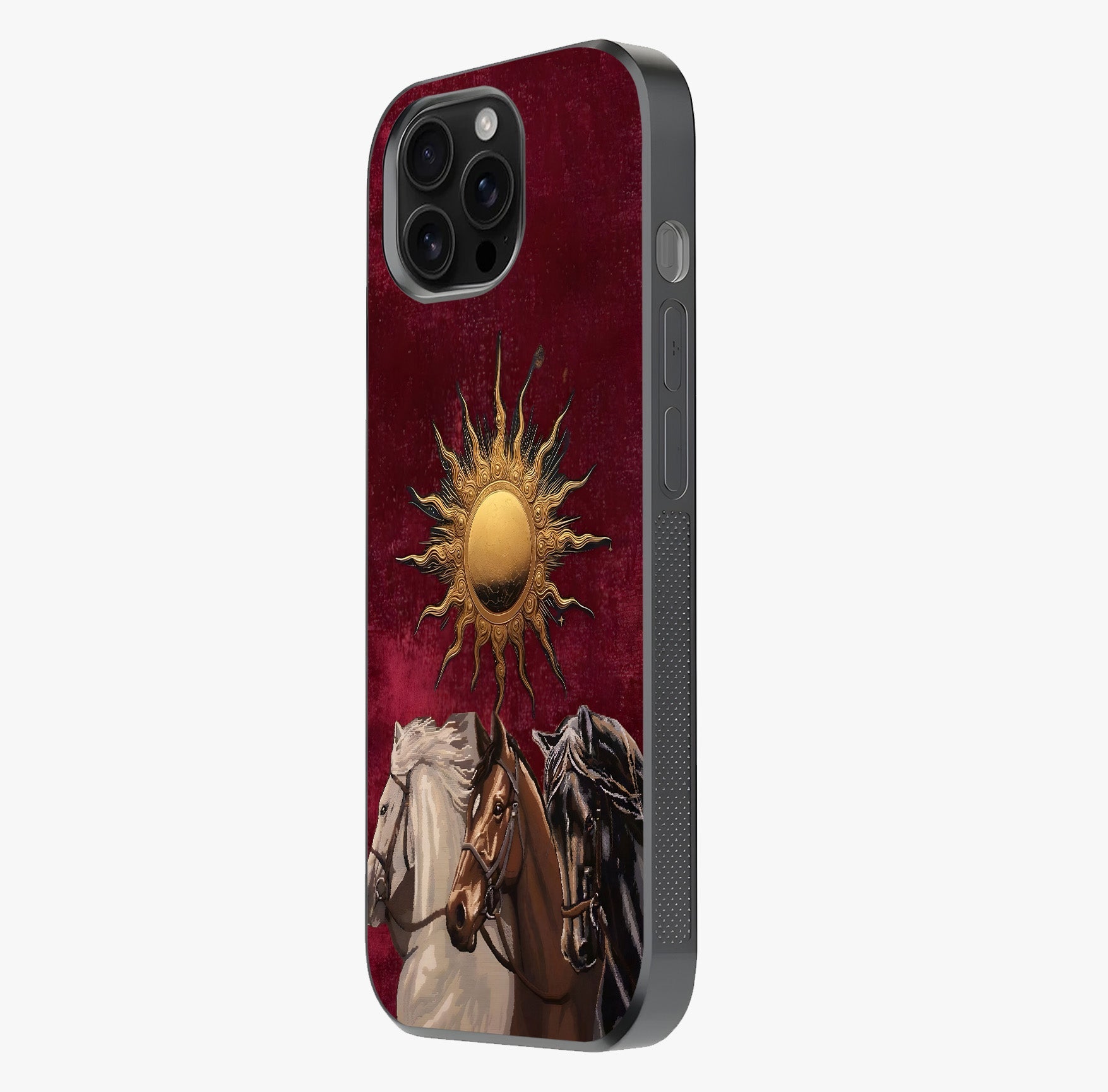 Solar Riders Glass Case photographed in natural light showing reflective finish and design depth.