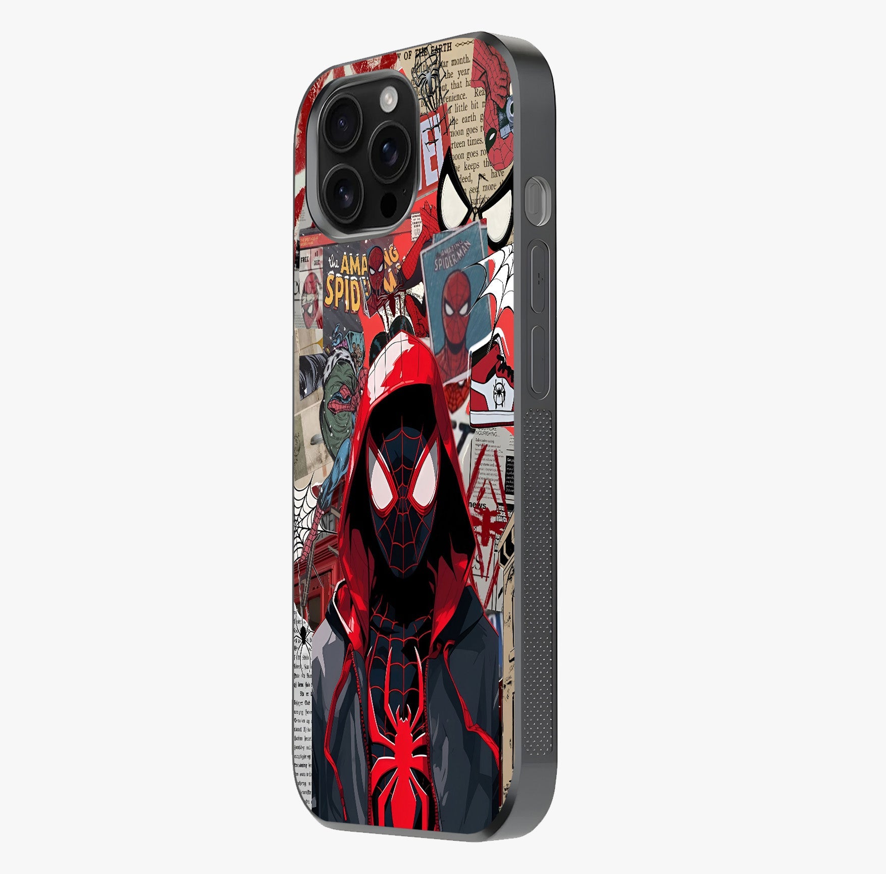 Spider Collage Street Glass Case photographed in natural light showing reflective finish and design depth.