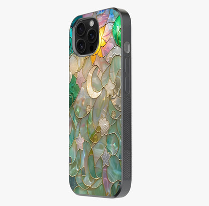 Stained Sunrise Glow Glass Case photographed in natural light showing reflective finish and design depth.