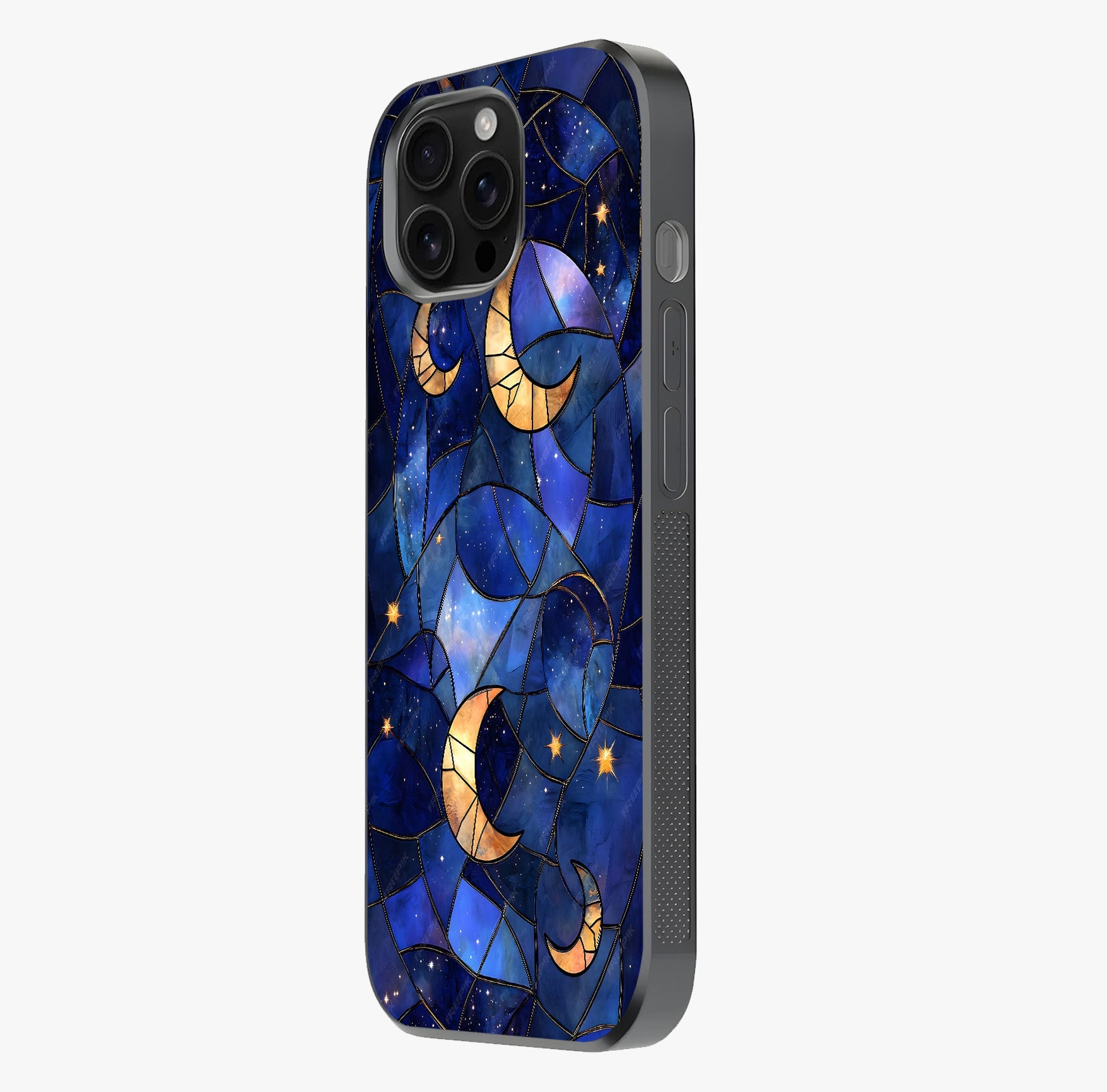 Starlit Sky Tapestry Glass Case photographed in natural light showing reflective finish and design depth.