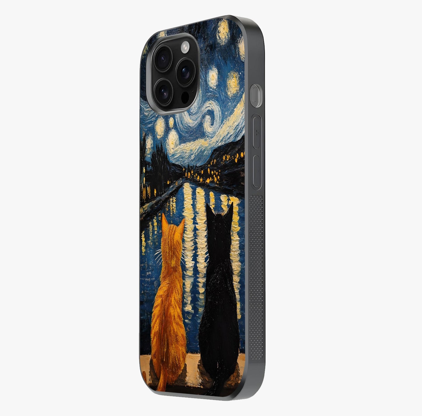 Starry River Cats Glass Case photographed in natural light showing reflective finish and design depth.