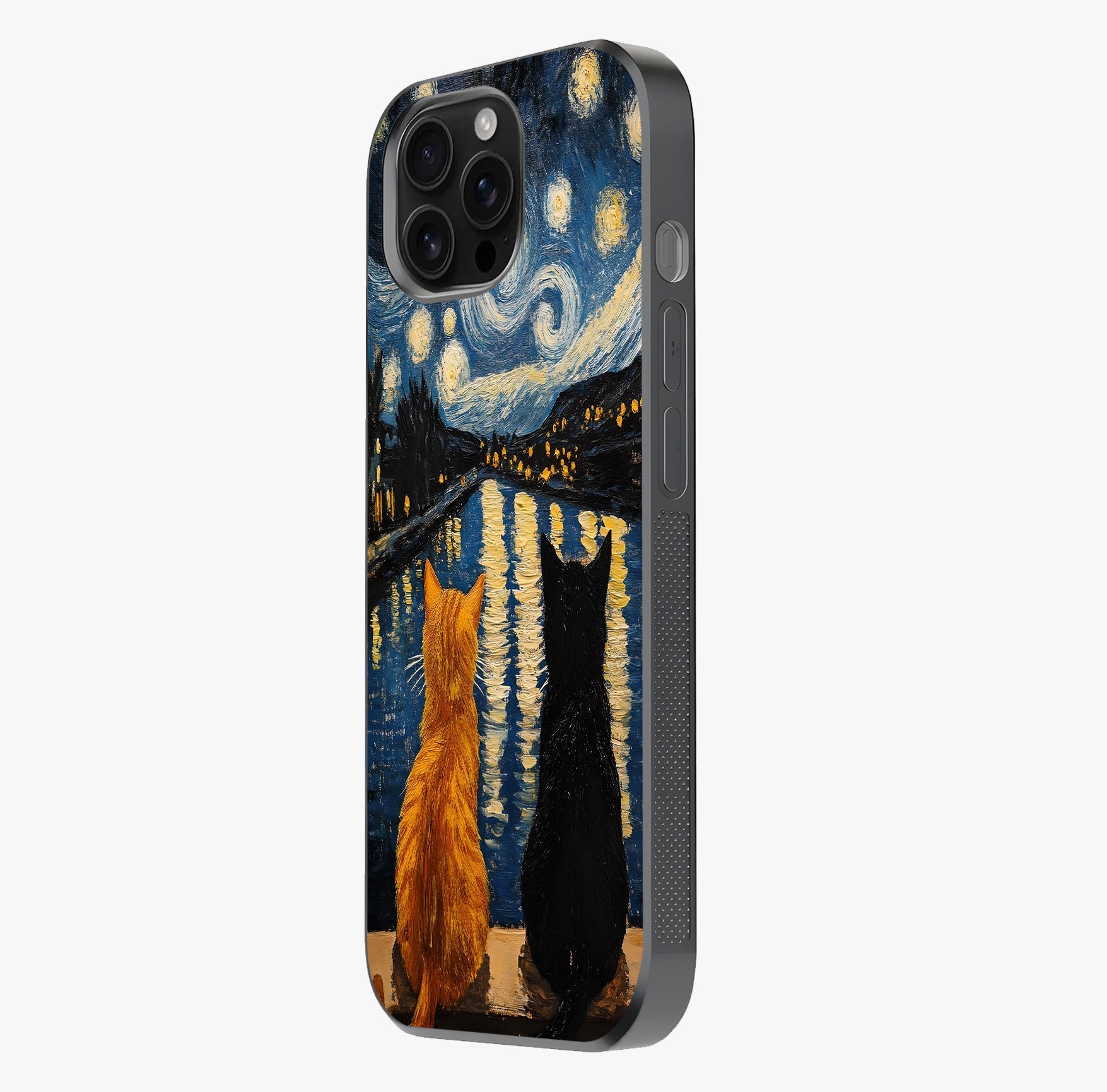 Starry River Cats Glass Case photographed in natural light showing reflective finish and design depth.