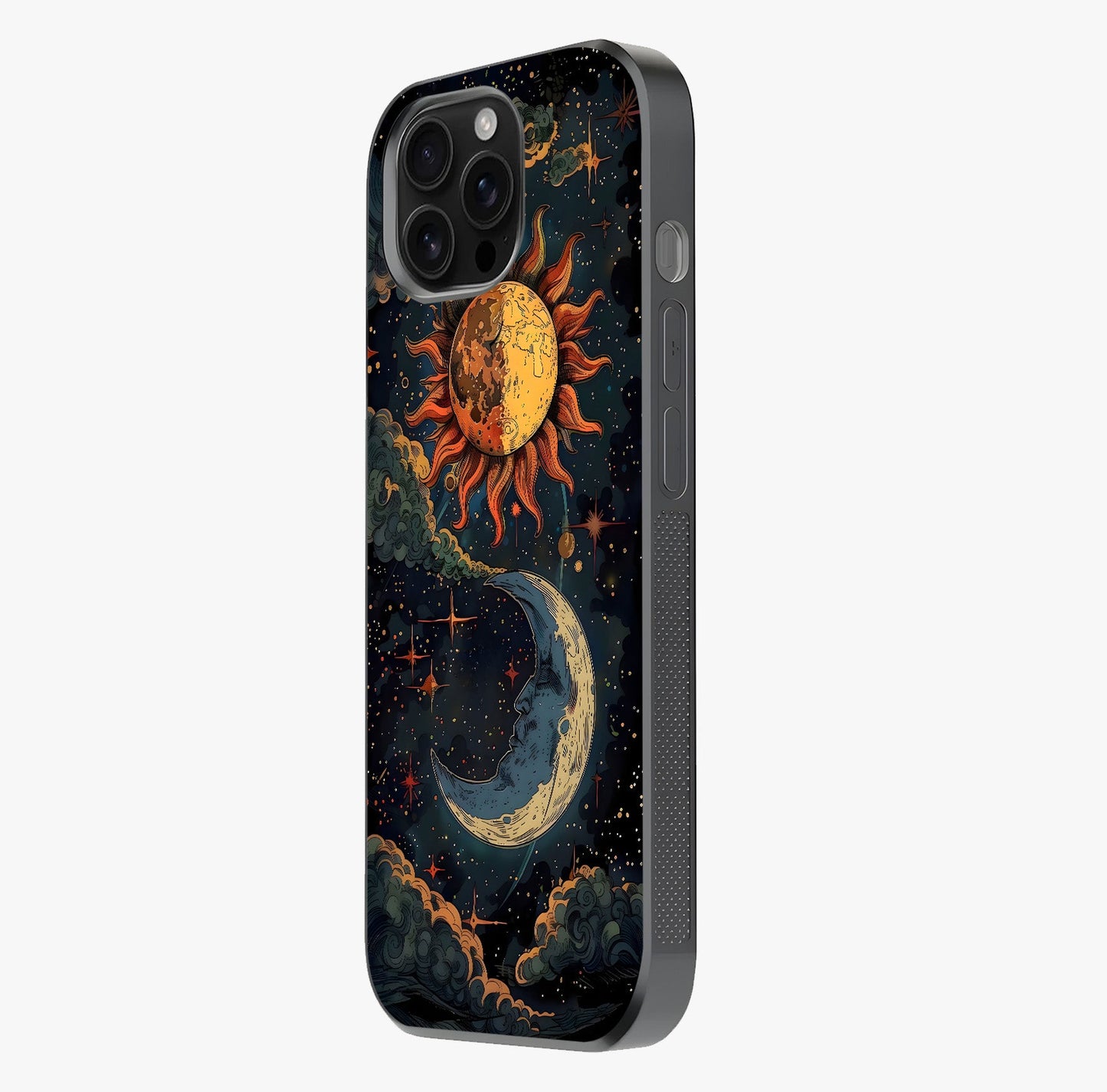 Sun And Moon Magic Design Glass Case photographed in natural light showing reflective finish and design depth.