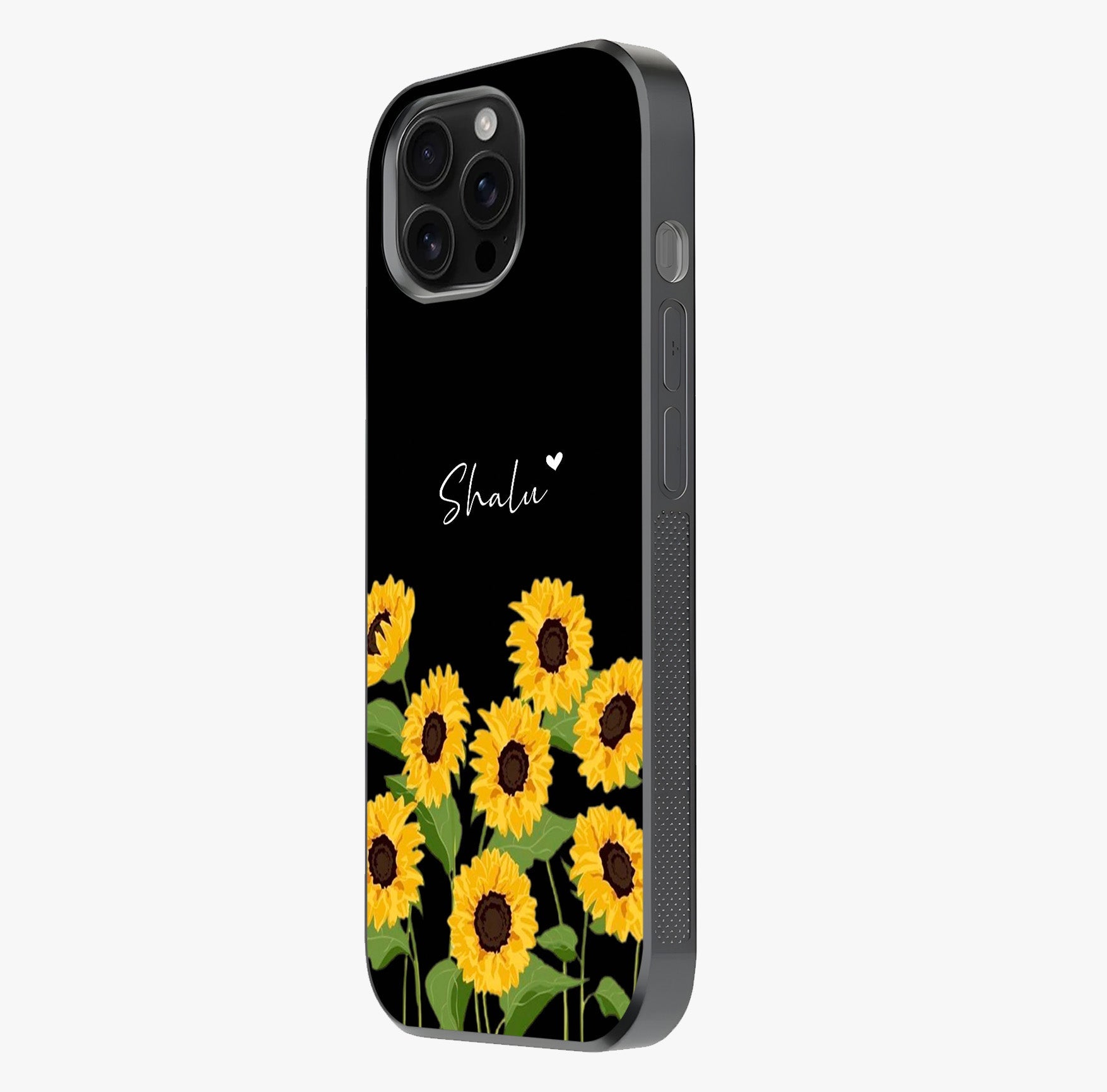 Sunflower Chic Mood Custom Name Glass Case photographed in natural light showing reflective finish and design depth.