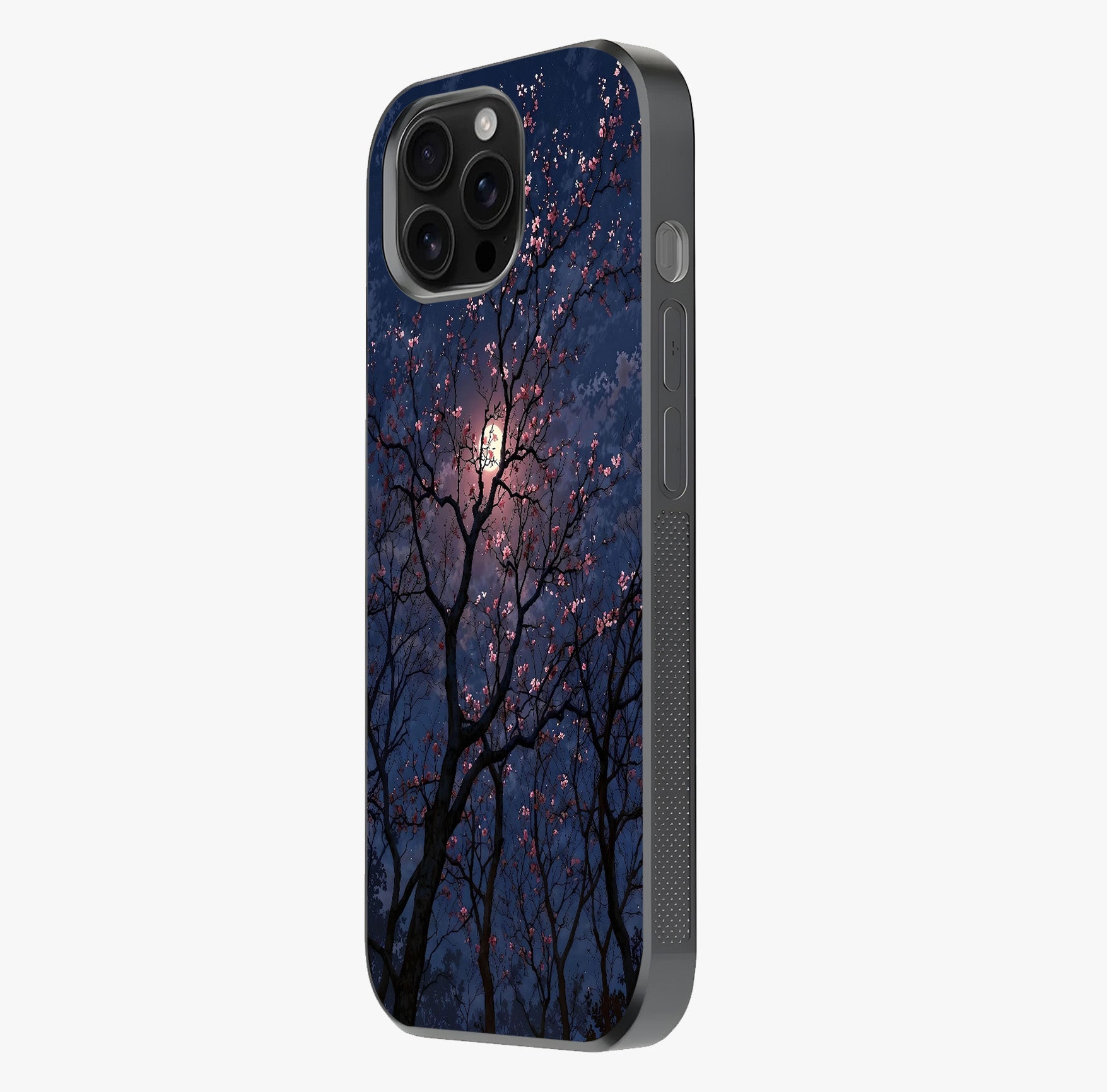 Twilight Sakura Serenade Glass Case photographed in natural light showing reflective finish and design depth.