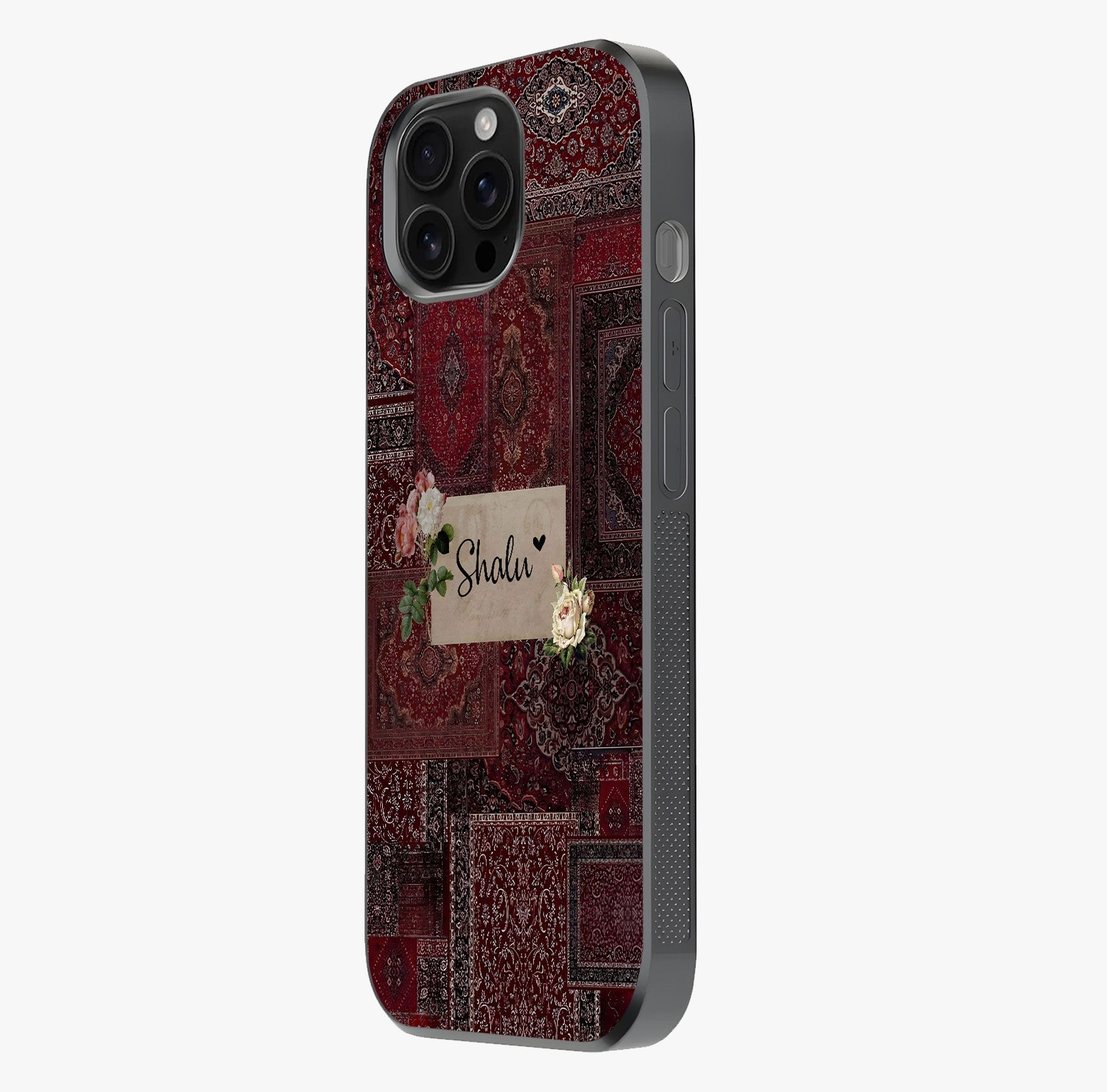 Velvet Wine Pattern Custom Name Glass Case photographed in natural light showing reflective finish and design depth.