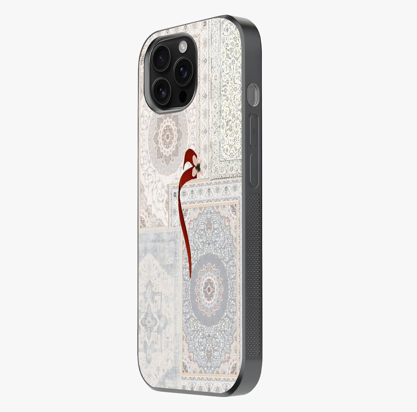 White Aesthetic Bow Glass Case photographed in natural light showing reflective finish and design depth.