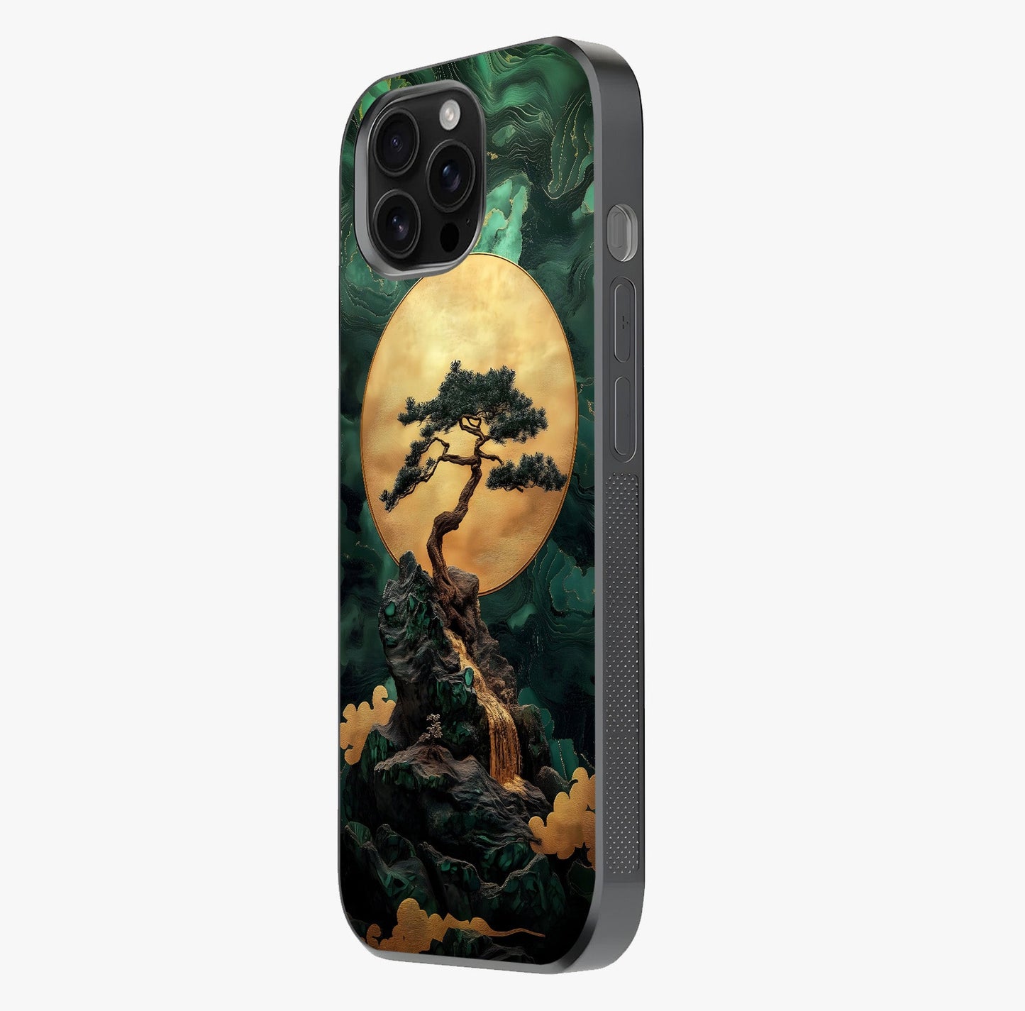 Zen Moon Rise Glass Case photographed in natural light showing reflective finish and design depth