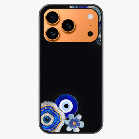 Aesthetic Blue Evil Eye Glass Case captured at a warm angle highlighting gloss, texture and premium glass finish.