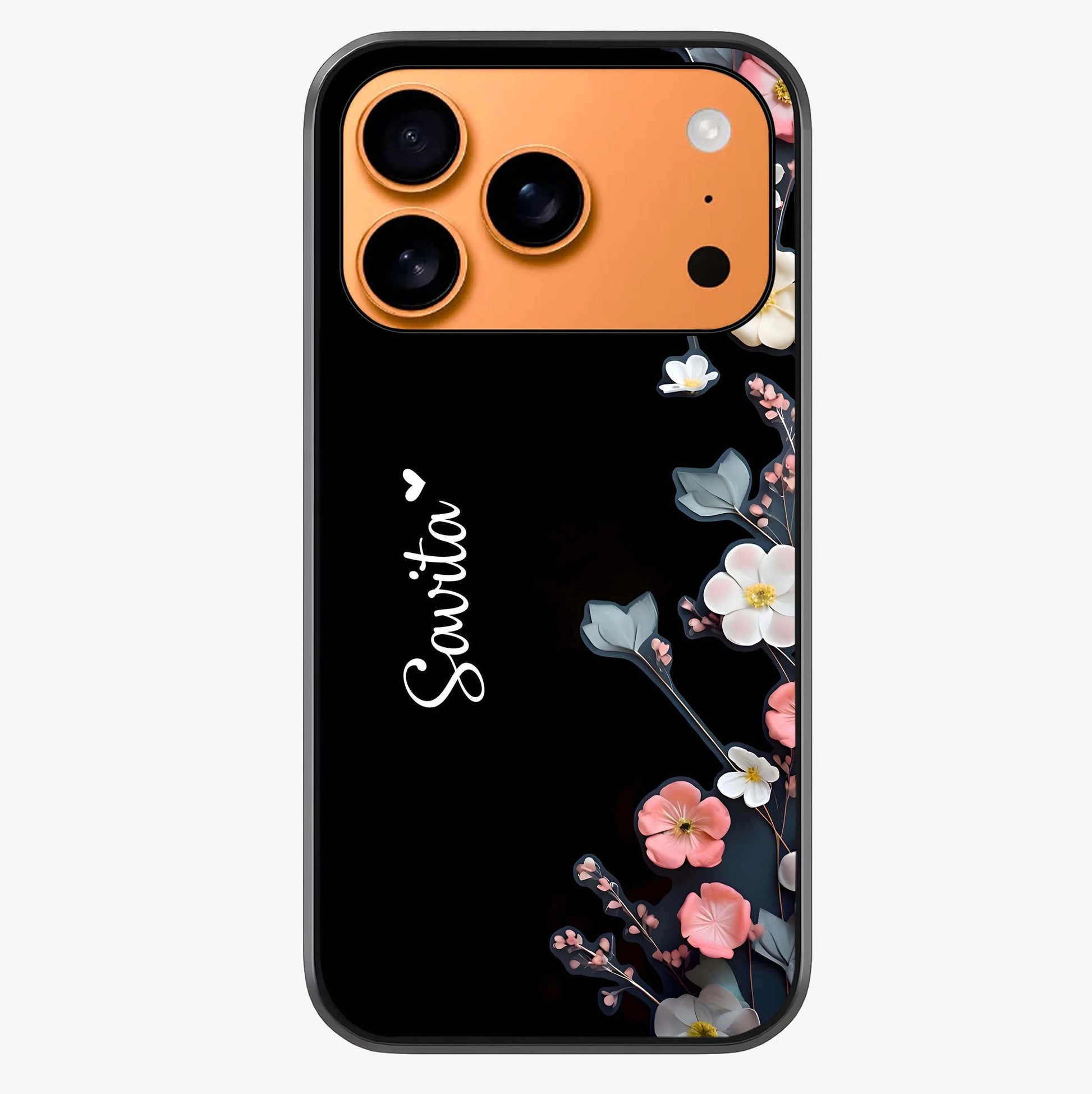 Black Elegance Floral Custom Name Glass Case captured at a warm angle highlighting gloss, texture and premium glass finish.