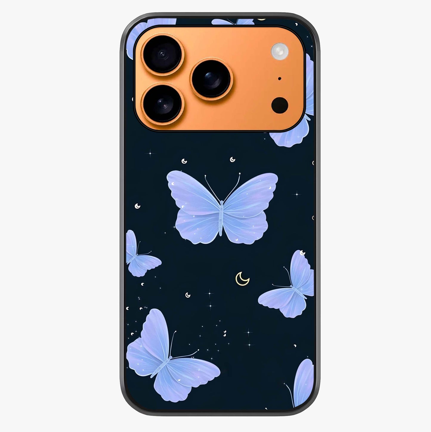 Butterfly With Stars Pattern Glass Case captured at a warm angle highlighting gloss, texture and premium glass finish.