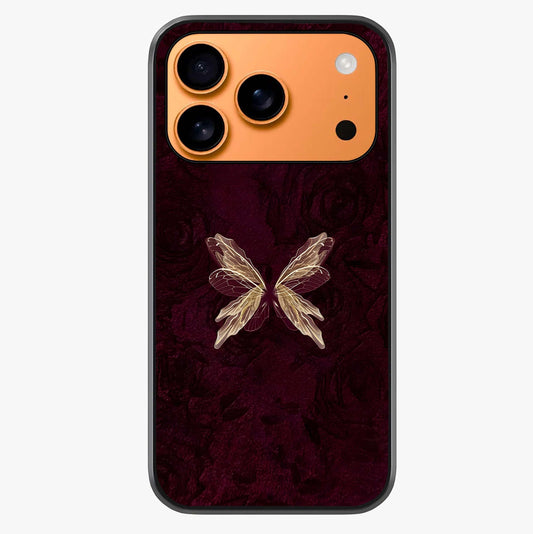 Crimson Fade Butterfly Glass Case captured at a warm angle highlighting gloss, texture and premium glass finish.