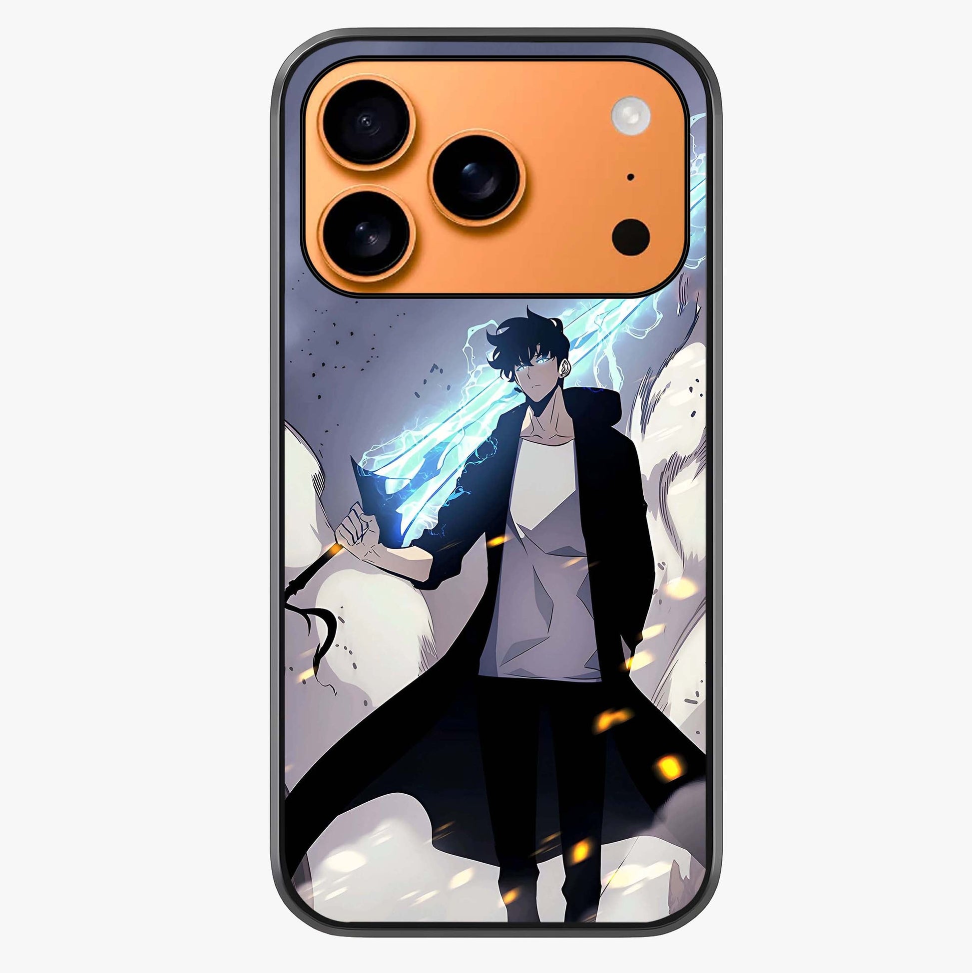 Dark Lightning Anime Warrior Glass Case captured at a warm angle highlighting gloss, texture and premium glass finish.
