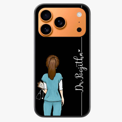 Doctor Pattern Custom Name Glass Case captured at a warm angle highlighting gloss, texture and premium glass finish.