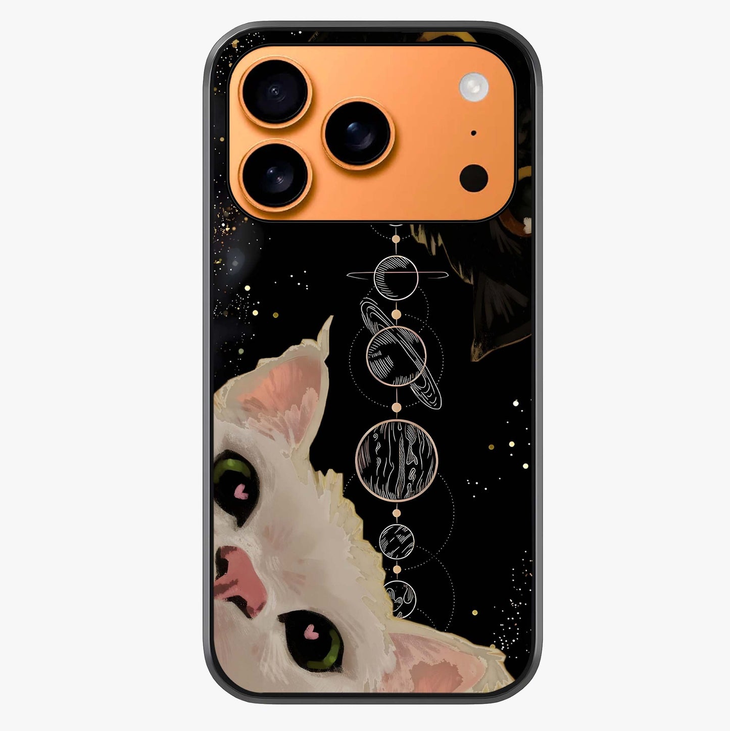 Galactic Cat Glass Case captured at a warm angle highlighting gloss, texture and premium glass finish.