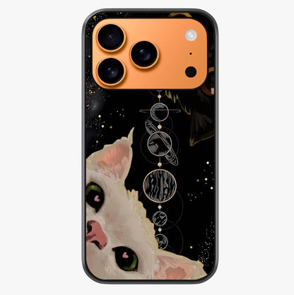 Galactic Cat Glass Case captured at a warm angle highlighting gloss, texture and premium glass finish.