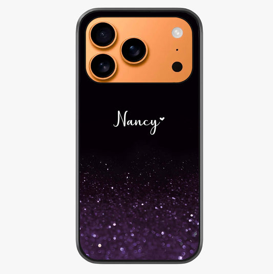 Glittery Purple Bokeh Custom Name Glass Case captured at a warm angle highlighting gloss, texture and premium glass finish.