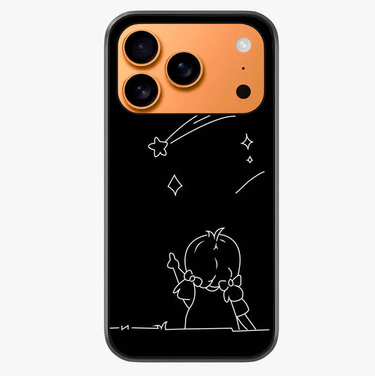 Line Art Girl With Shooting Stars Glass Case captured at a warm angle highlighting gloss, texture and premium glass finish.