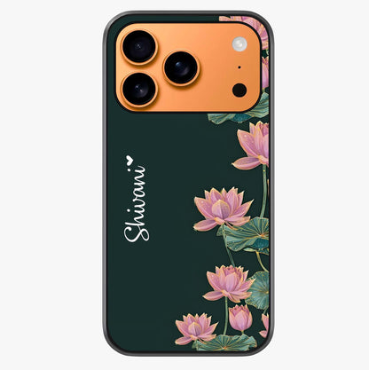 Lotus Bloom Serenity Custom Name Glass Case captured at a warm angle highlighting gloss, texture and premium glass finish.