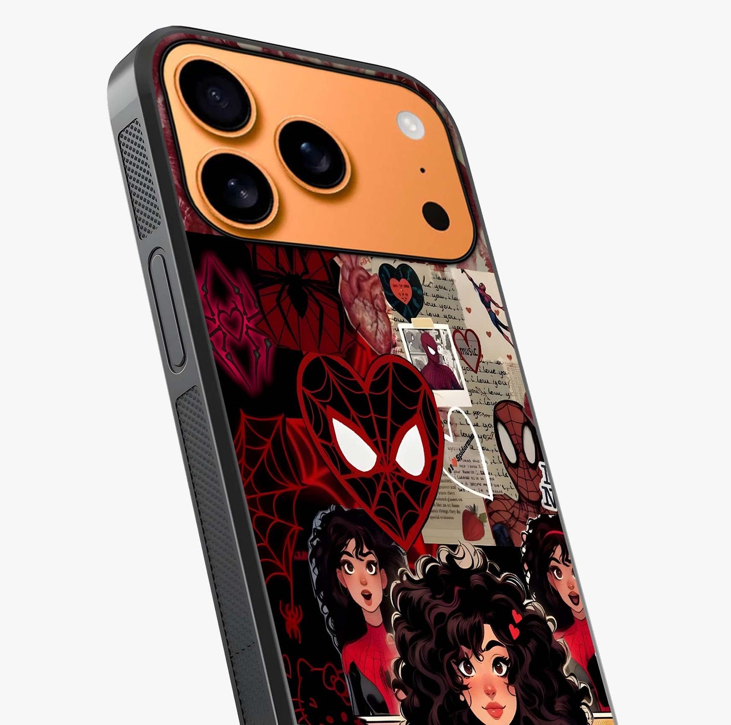 Spider Love Story Glass Case captured at a warm angle highlighting gloss, texture and premium glass finish.