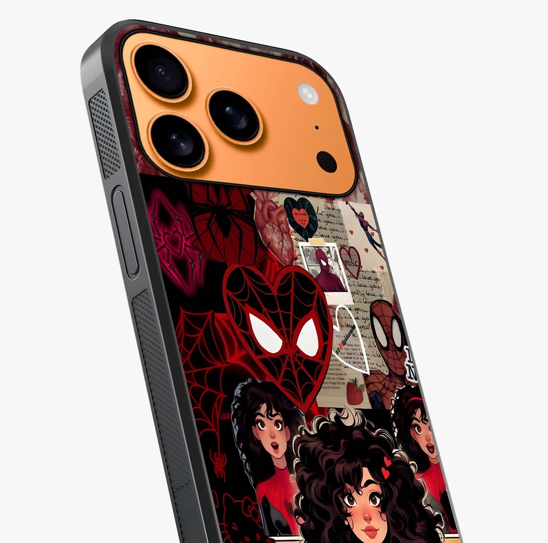 Spider Love Story Glass Case captured at a warm angle highlighting gloss, texture and premium glass finish.