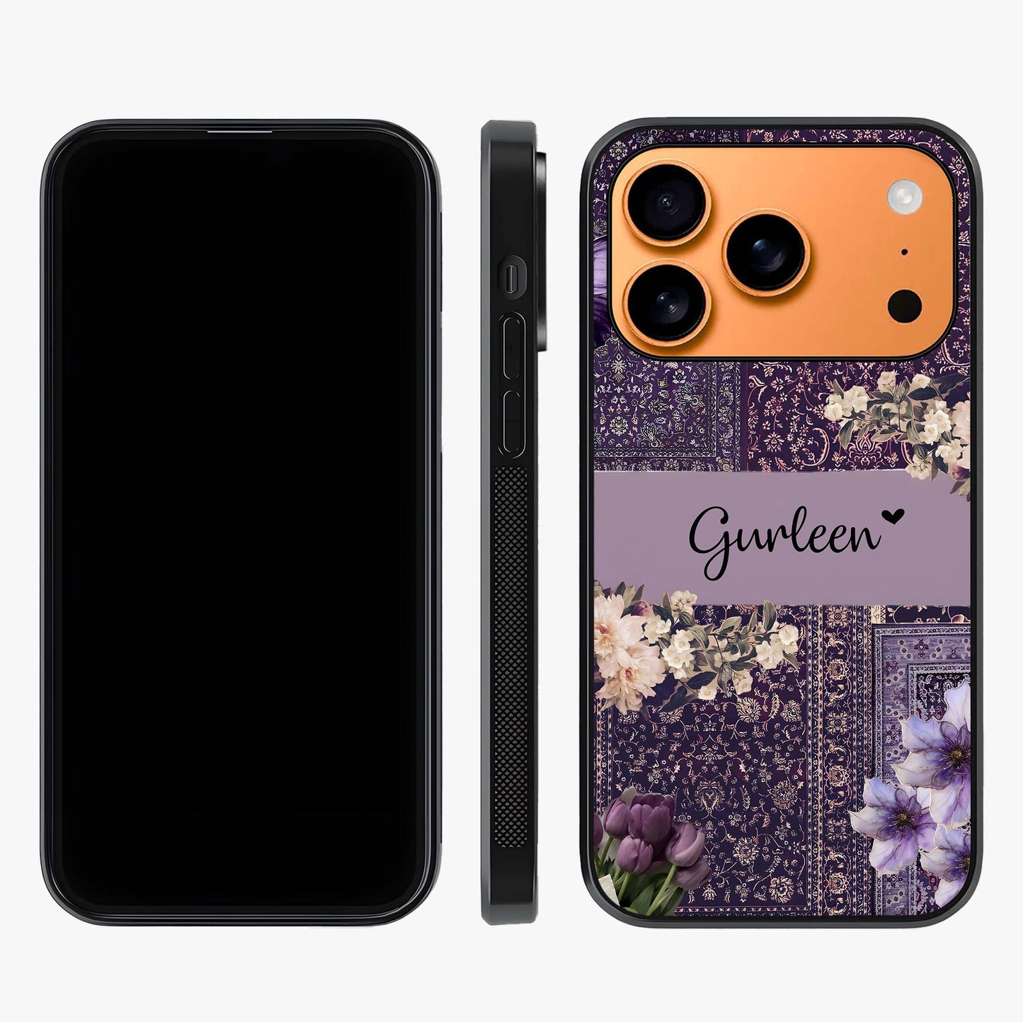 Antique Floral Whisper Custom Name Glass Case displayed upright for full design visibility and premium finish.