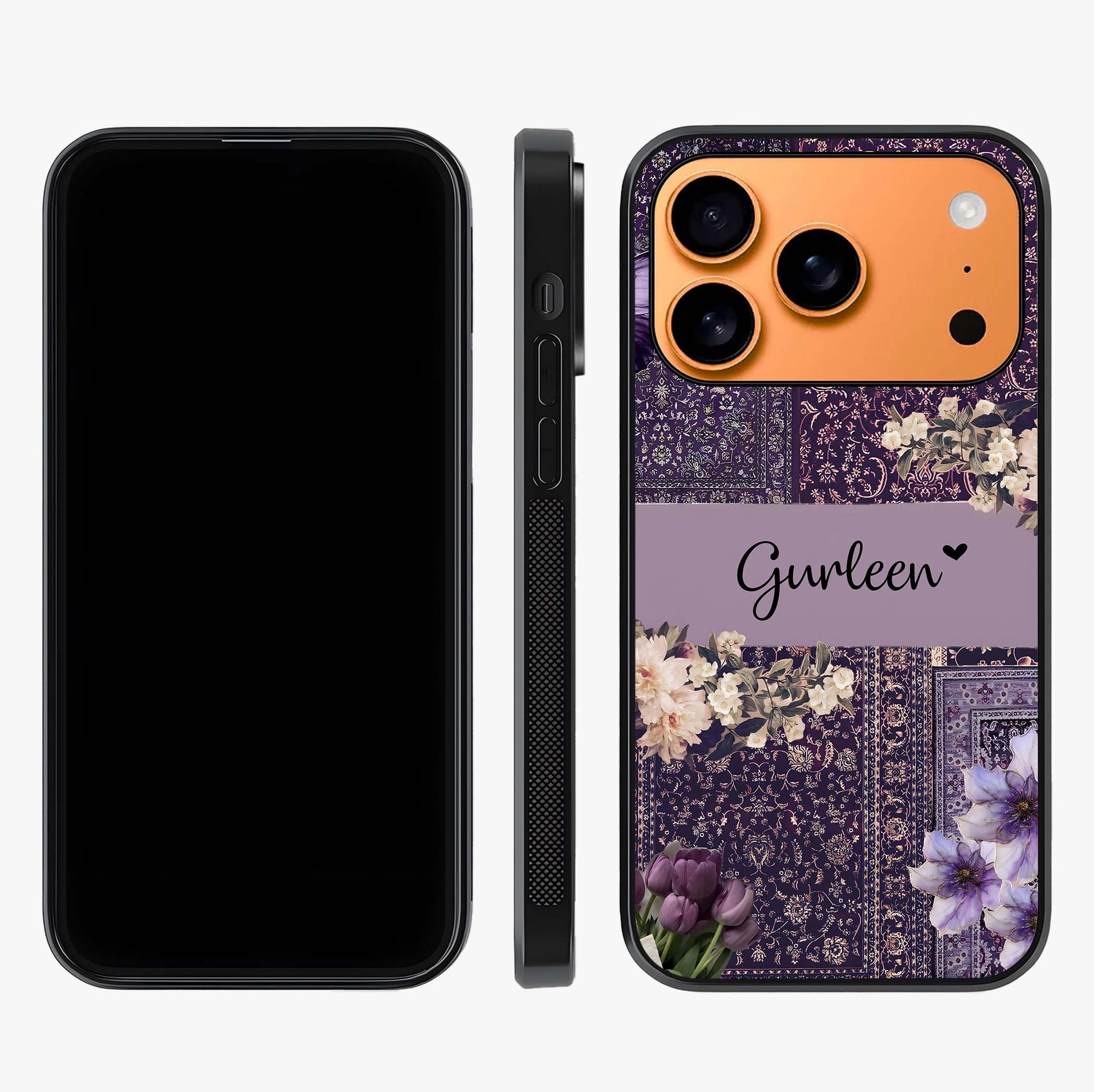 Antique Floral Whisper Custom Name Glass Case displayed upright for full design visibility and premium finish.