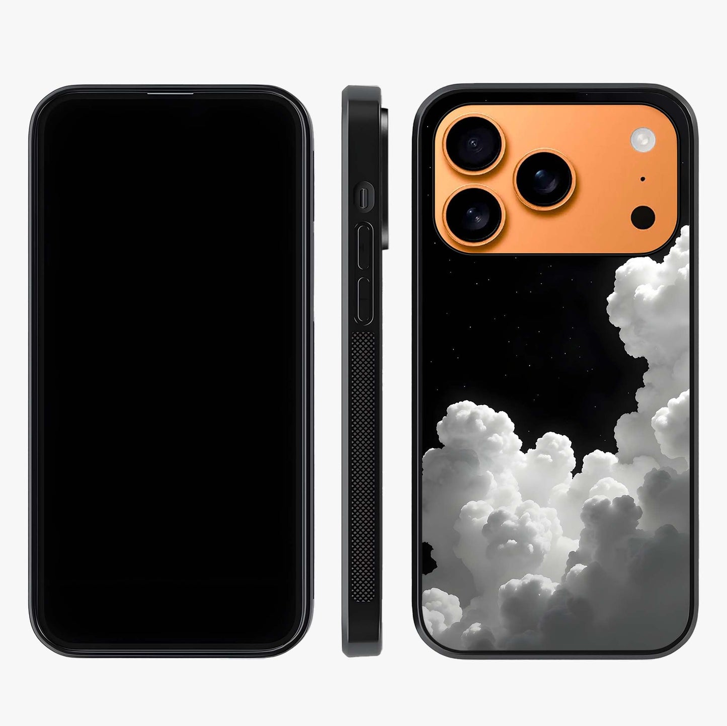 Black Background With White Cloud Glass Case displayed upright for full design visibility and premium finish.