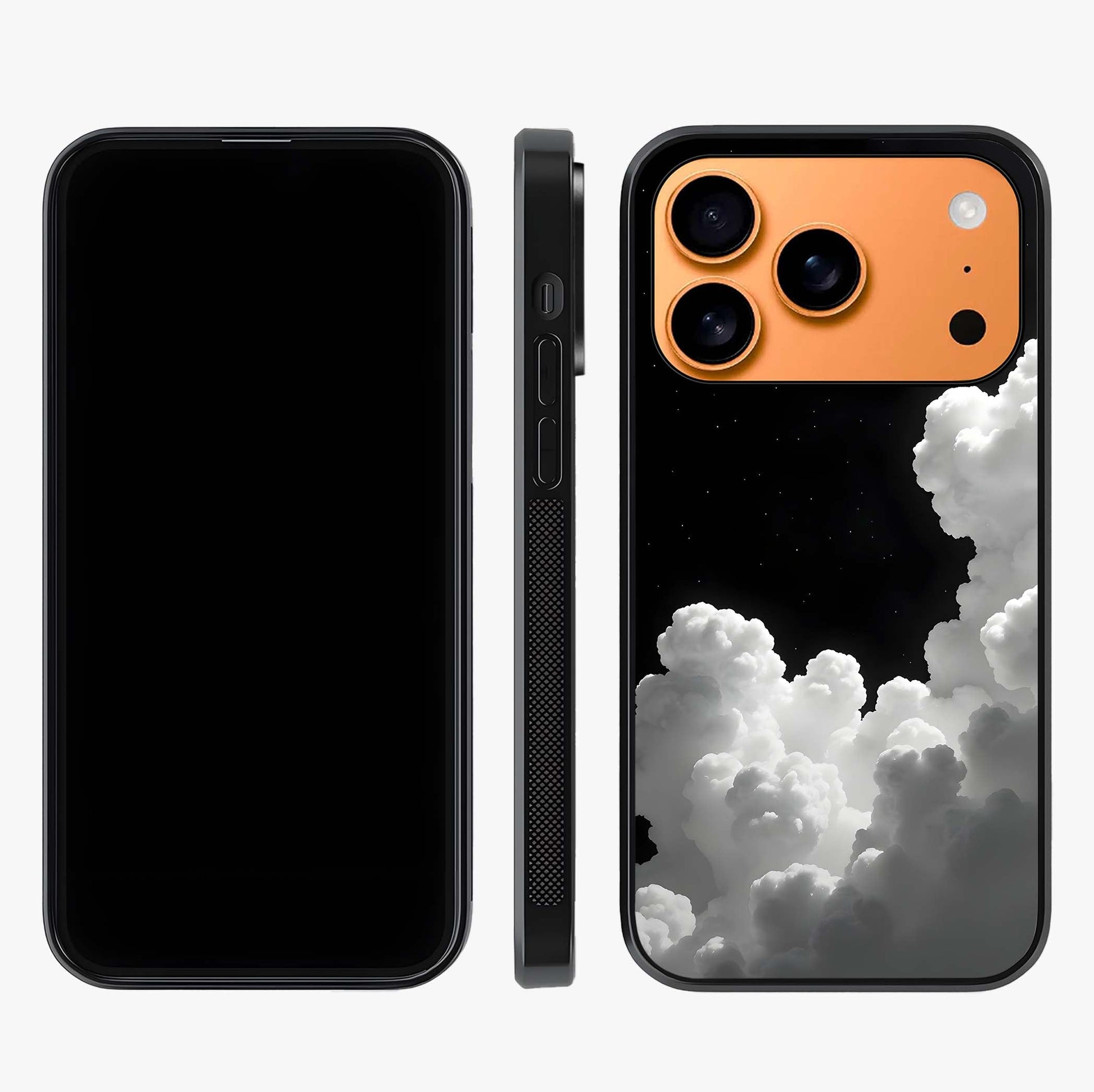 Black Background With White Cloud Glass Case displayed upright for full design visibility and premium finish.