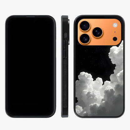 Black Background With White Cloud Glass Case displayed upright for full design visibility and premium finish.