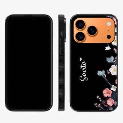 Black Elegance Floral Custom Name Glass Case displayed upright for full design visibility and premium finish.