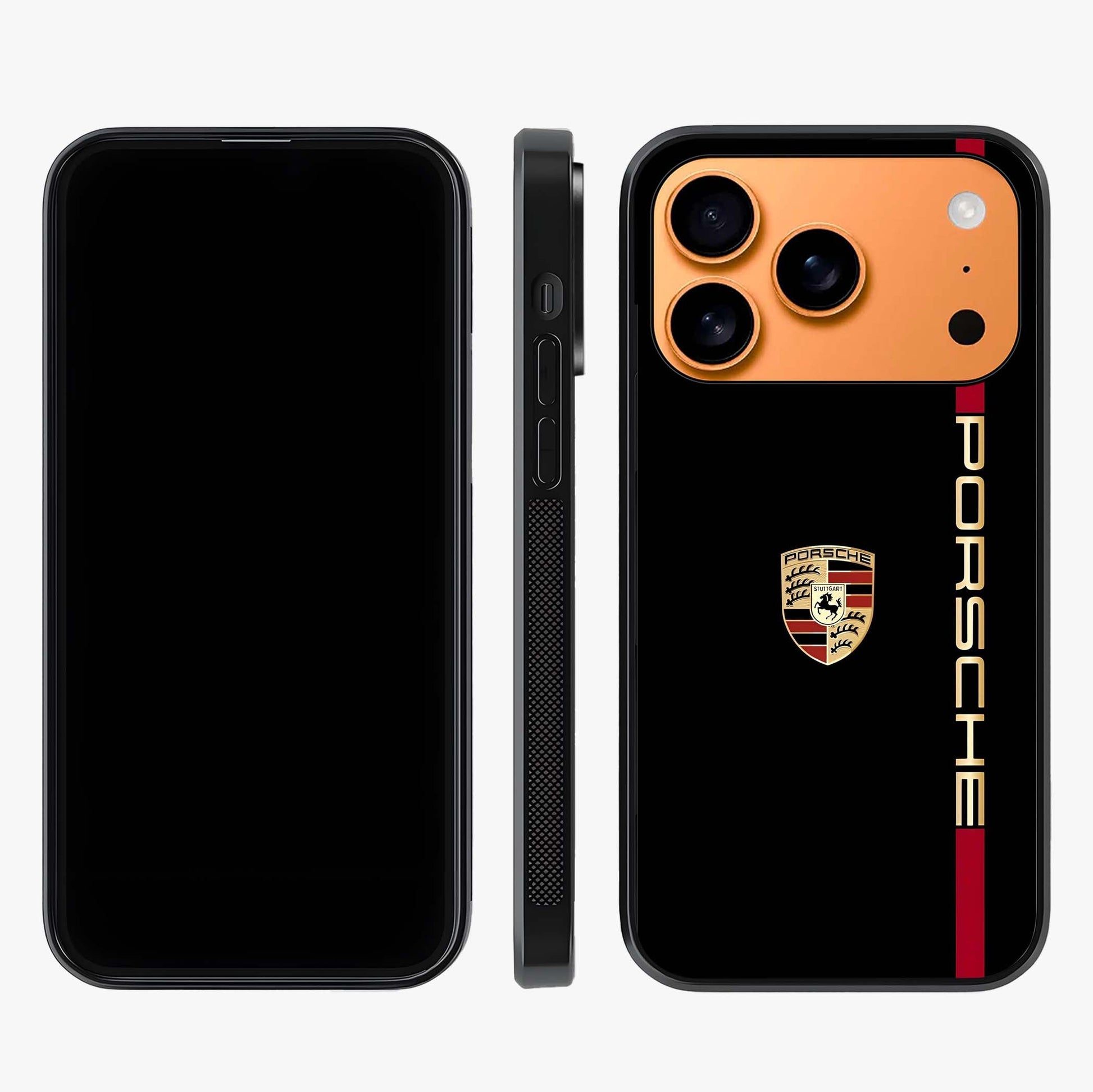 Black Minimal Porsche Glass Case displayed upright for full design visibility and premium finish.