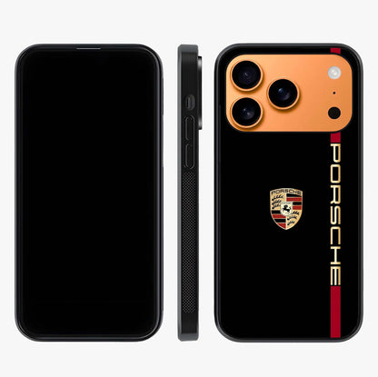 Black Minimal Porsche Glass Case displayed upright for full design visibility and premium finish.