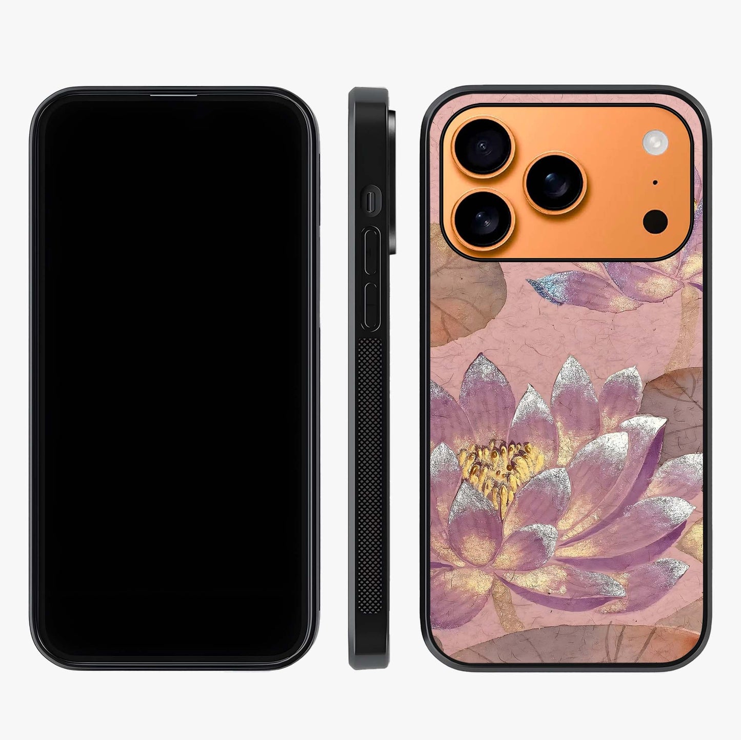 Blossom Mist Lotus Glass Case displayed upright for full design visibility and premium finish.