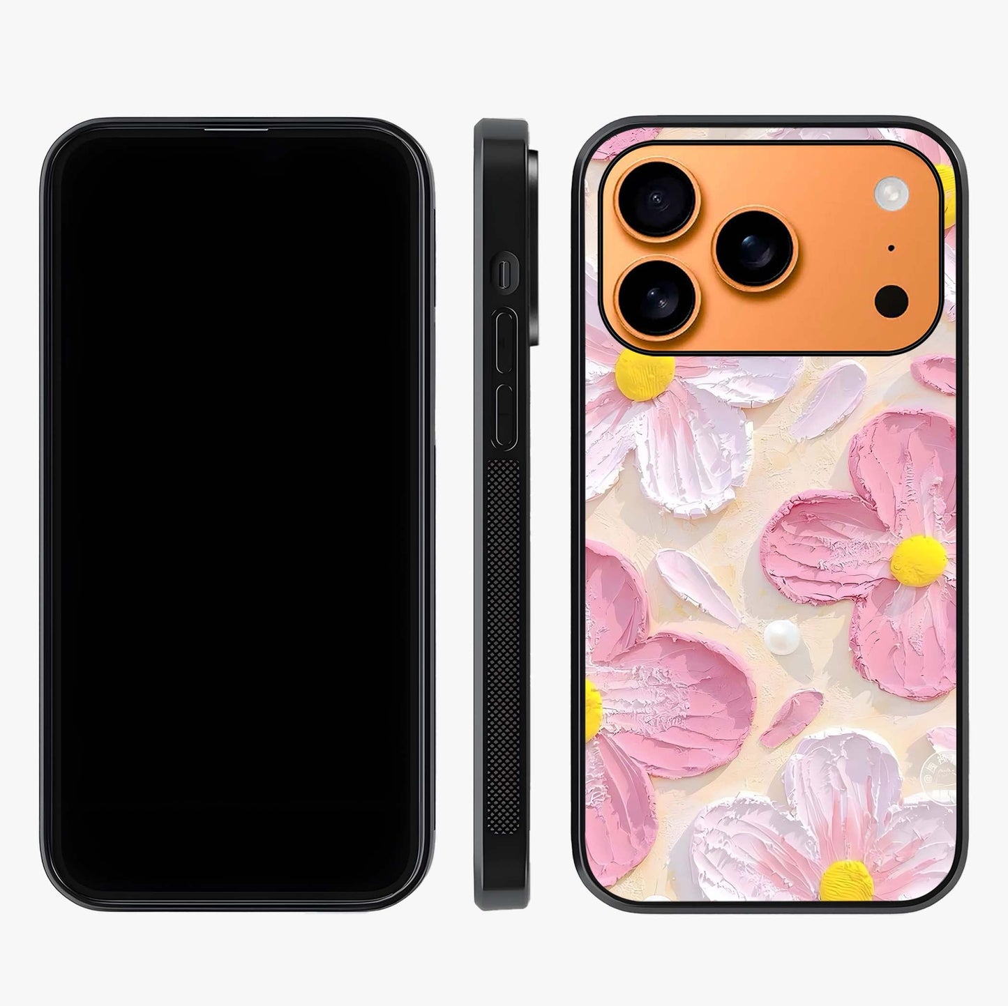 Blush Bloom Texture Glass Case displayed upright for full design visibility and premium finish.