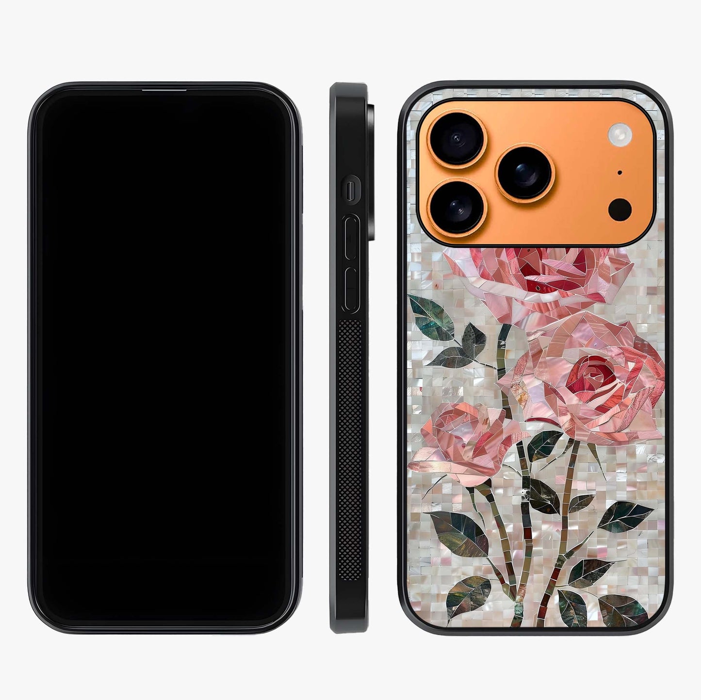Blush Mosaic Bloom Glass Case displayed upright for full design visibility and premium finish.