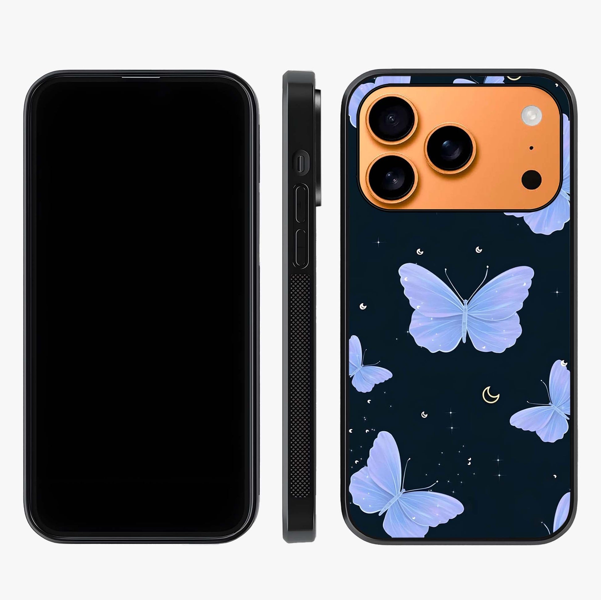 Butterfly With Stars Pattern Glass Case displayed upright for full design visibility and premium finish.