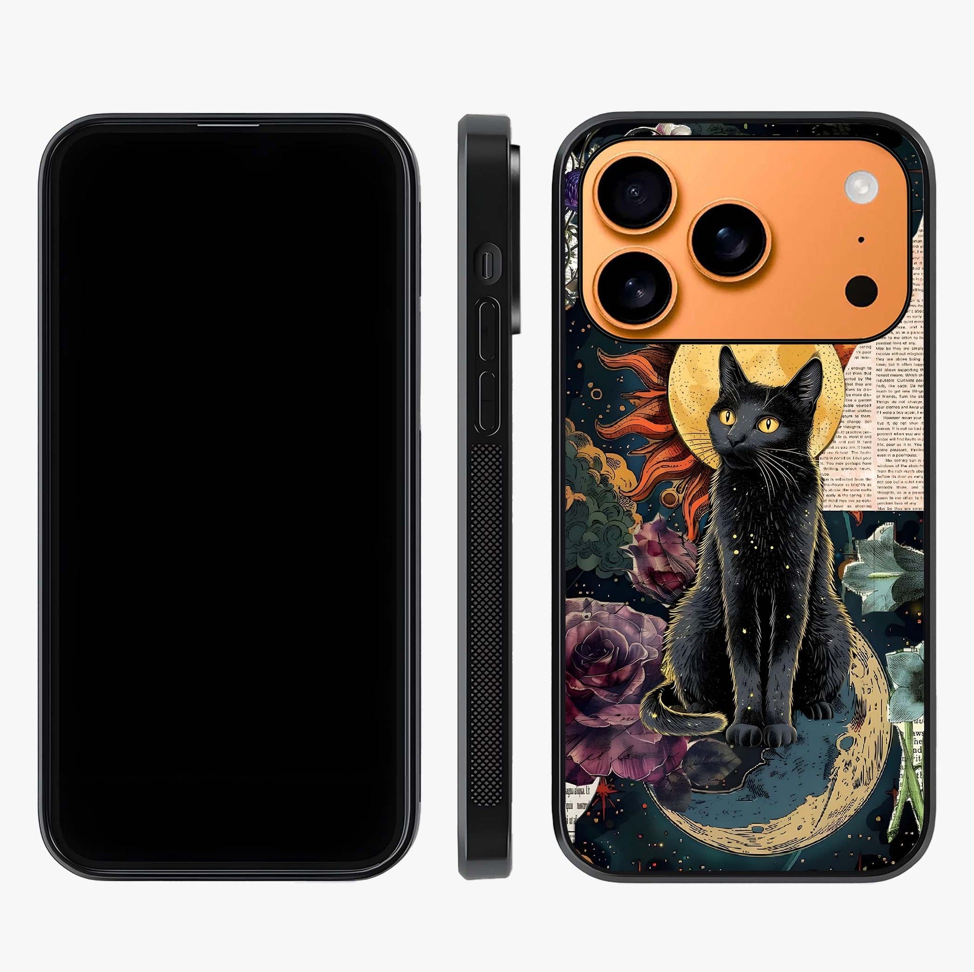 Celestial Black Cat Glass Case displayed upright for full design visibility and premium finish.