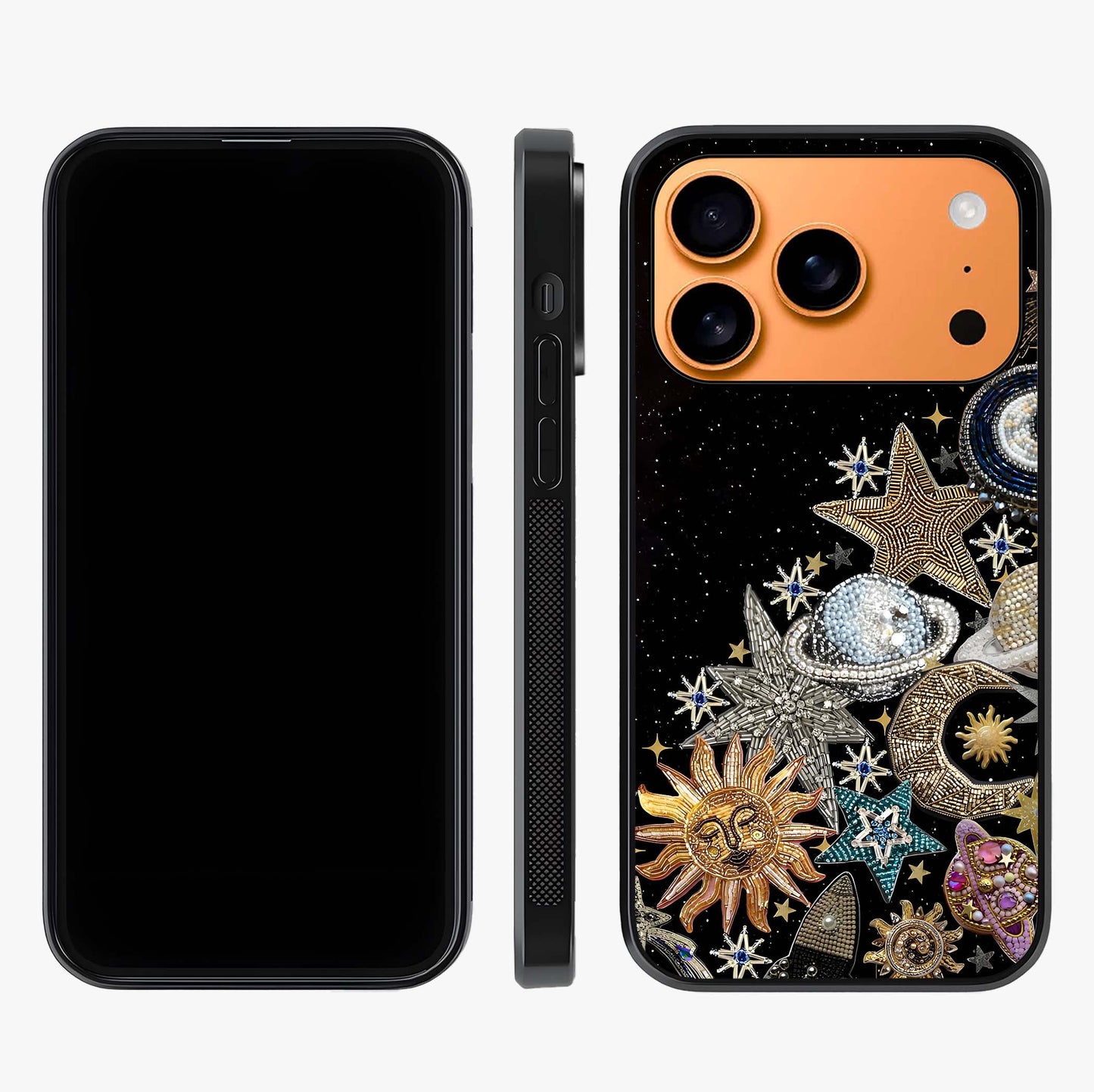 Cosmic Sparkle Dreams Glass Case displayed upright for full design visibility and premium finish.