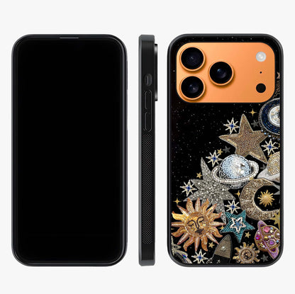 Cosmic Sparkle Dreams Glass Case displayed upright for full design visibility and premium finish.