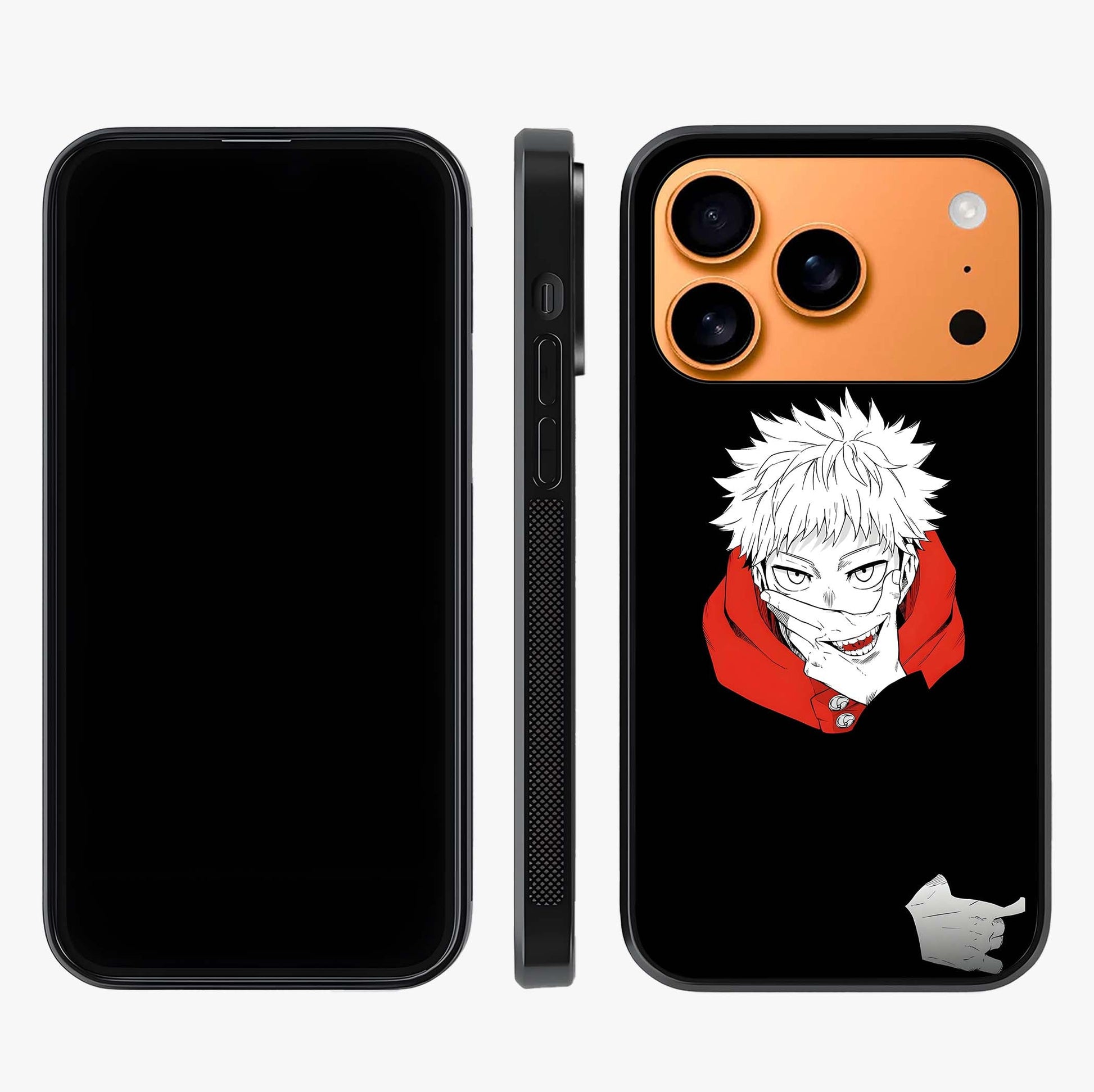 Crimson Chaos Smile Glass Case displayed upright for full design visibility and premium finish.