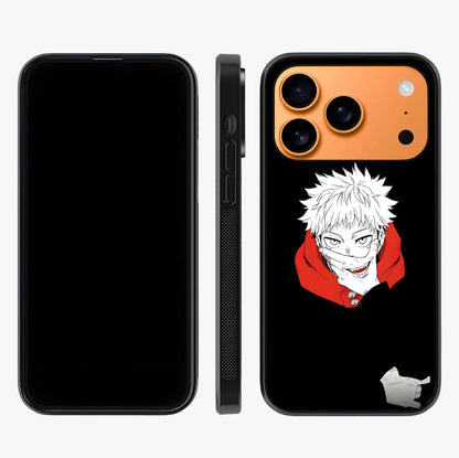 Crimson Chaos Smile Glass Case displayed upright for full design visibility and premium finish.