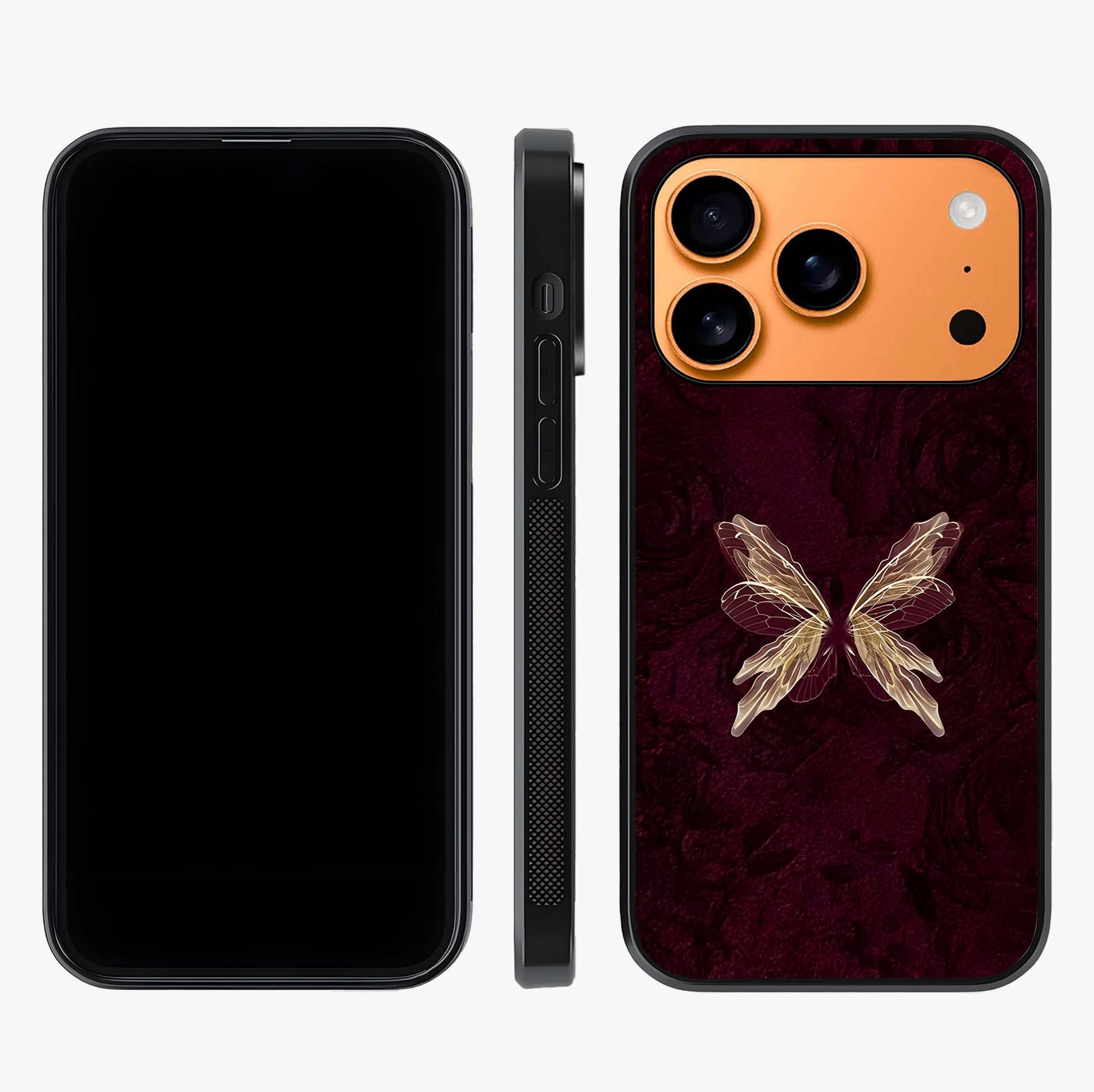 Crimson Fade Butterfly Glass Case displayed upright for full design visibility and premium finish.