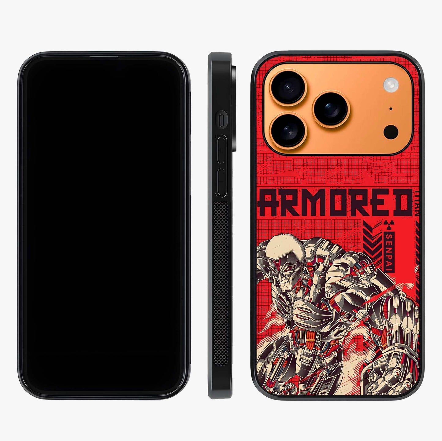 Crimson Mecha Titan Glass Case displayed upright for full design visibility and premium finish.