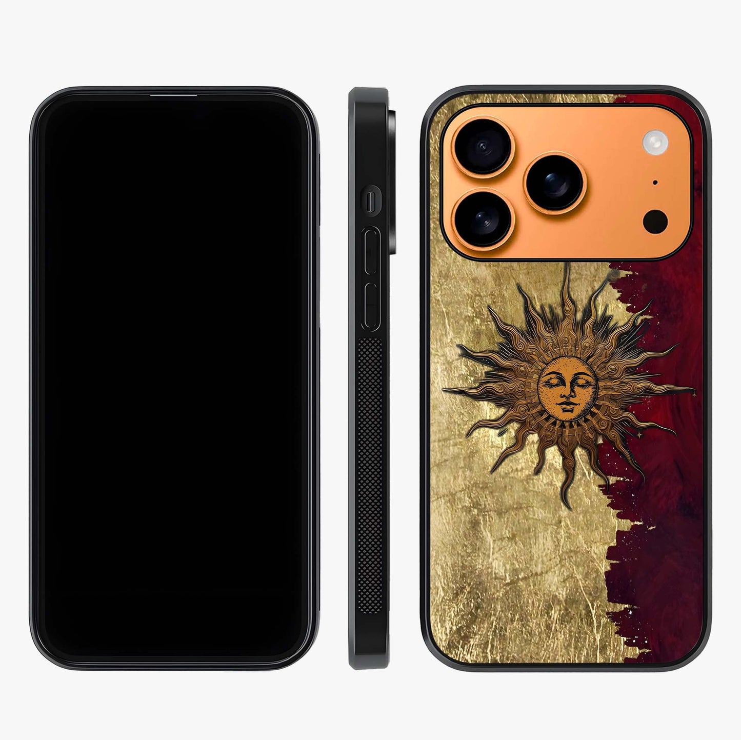 Crimson Sun Majesty Glass Case displayed upright for full design visibility and premium finish.