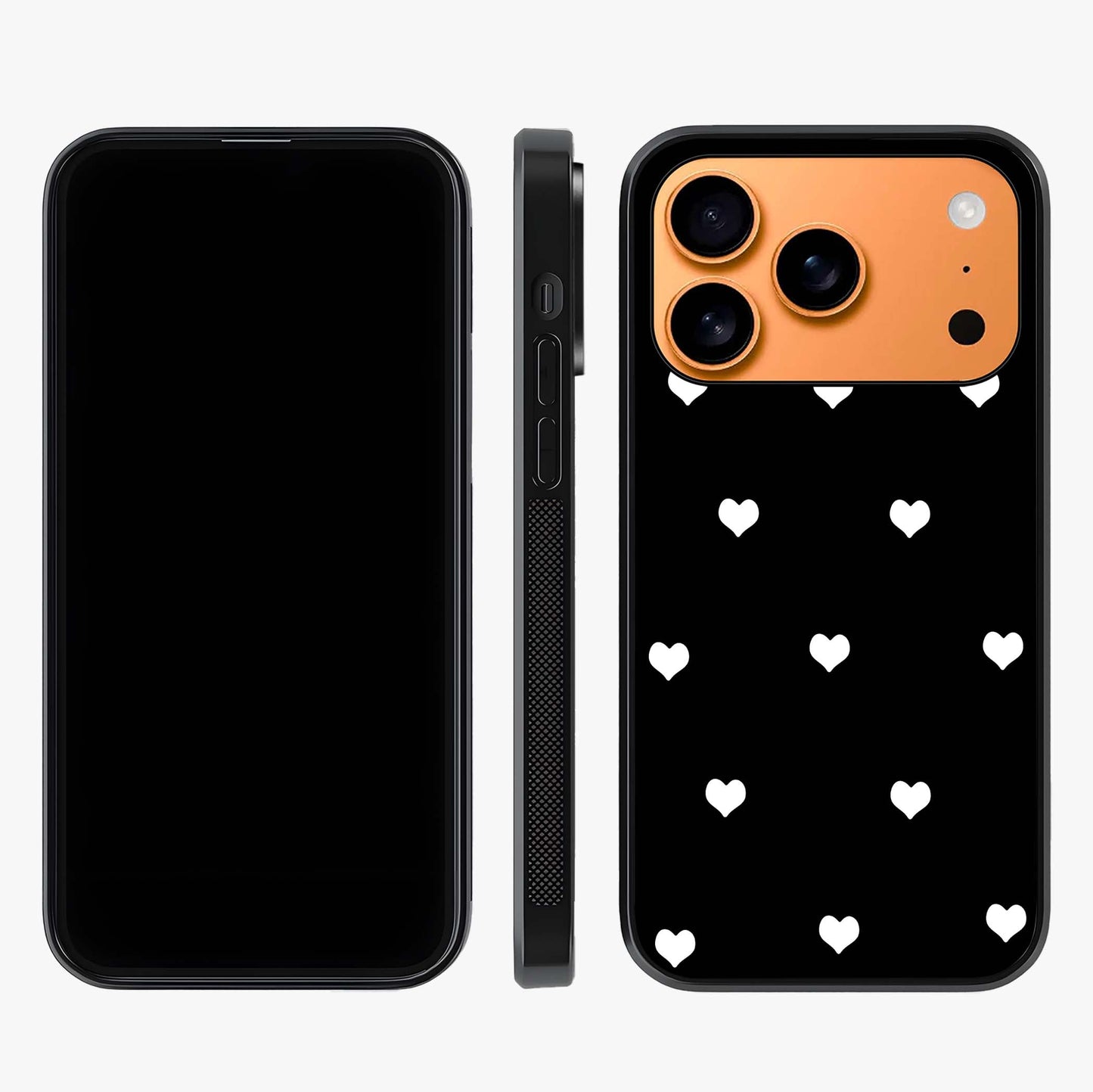 Cute And Simple White Hearts Glass Case displayed upright for full design visibility and premium finish.