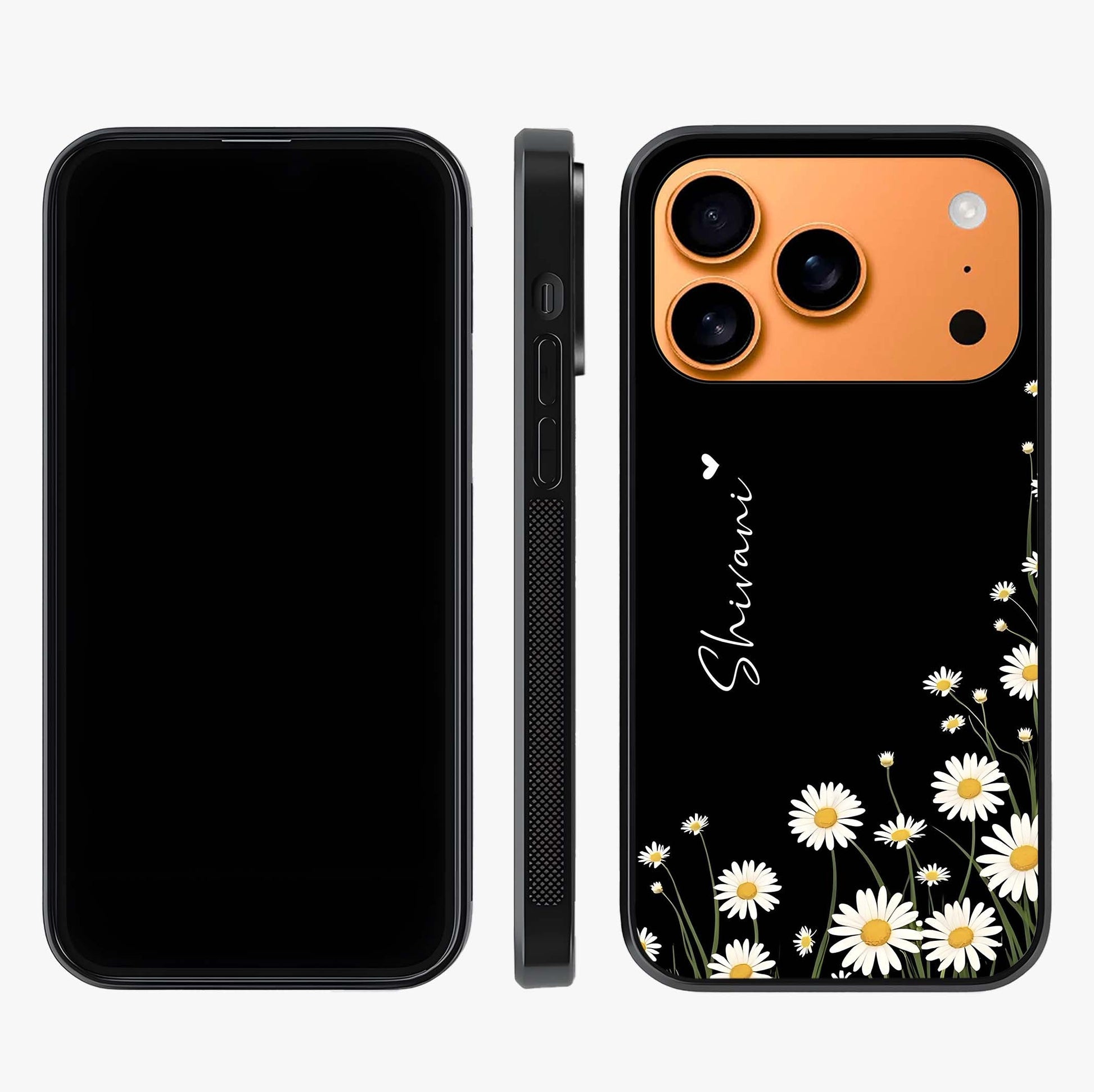 Daisy Cascade Custom Name Glass Case displayed upright for full design visibility and premium finish.