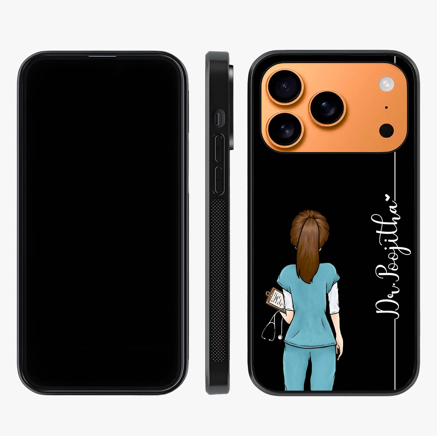 Doctor Pattern Custom Name Glass Case displayed upright for full design visibility and premium finish.